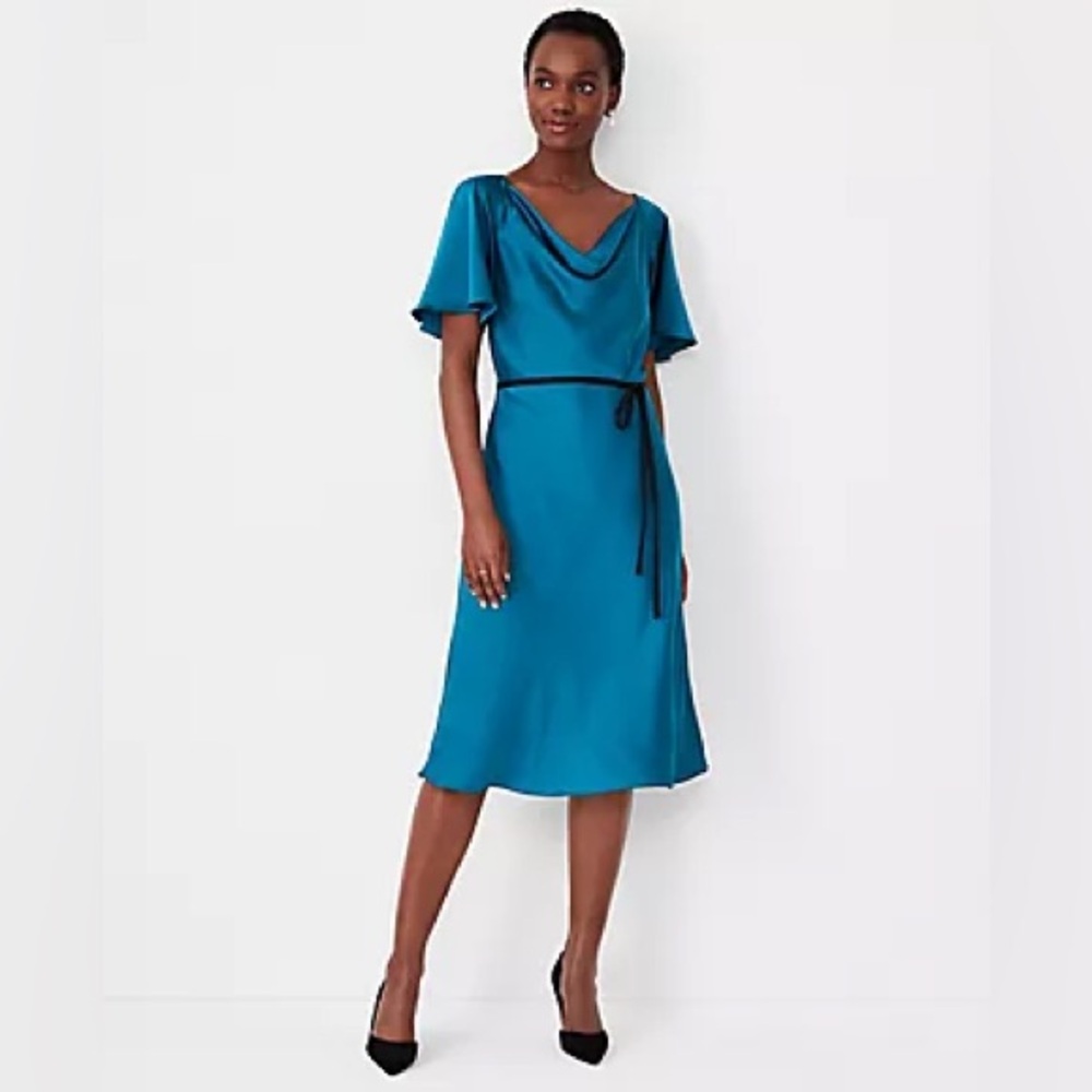 Ann Taylor Peacock Color Satin Dress w/ Black Velvet Belt 0